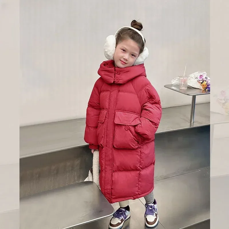 2024 New Girls\' Long Down Cotton Jacket Korean  Fashion Cotton Coat Coat Middle and Large Children\'s Hooded Casual