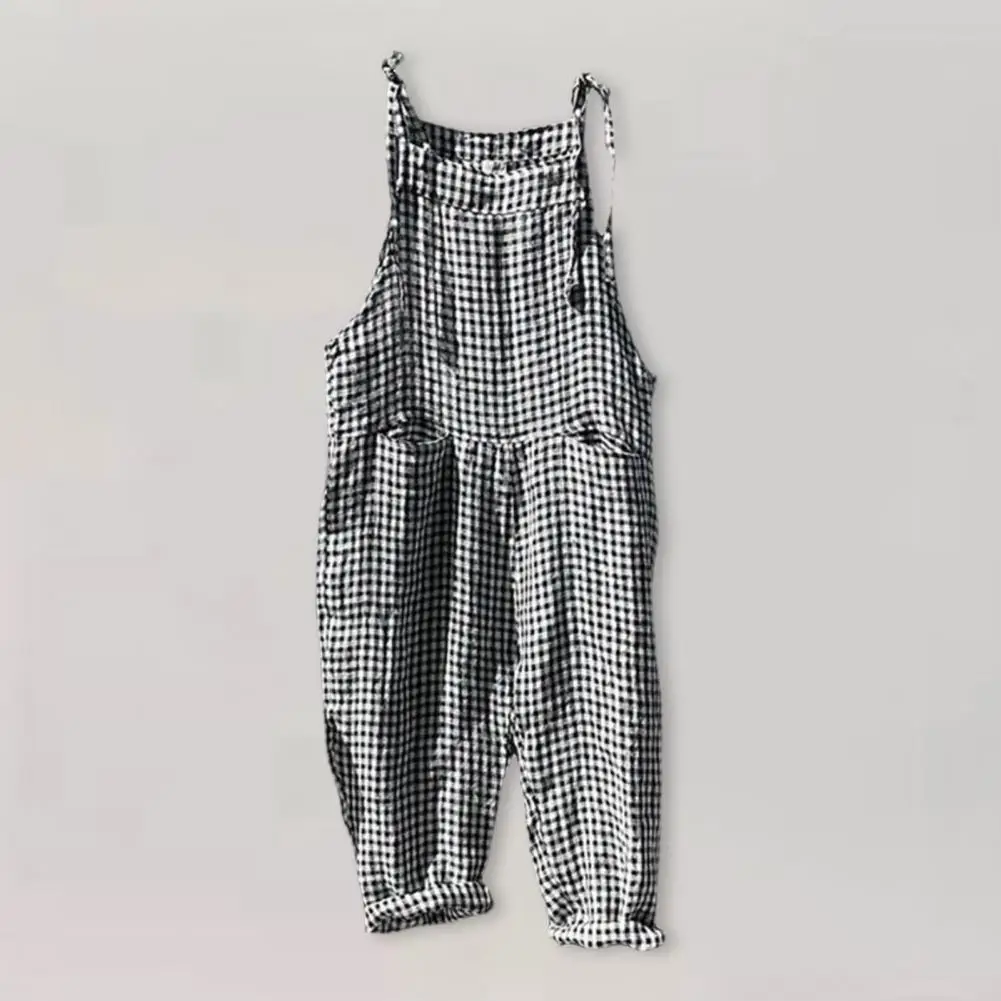 Casual Plaid Jumpsuit Plaid Print Deep Crotch Backless Jumpsuit with Pockets Casual Stylish Women's Daily Wear Loose Fit