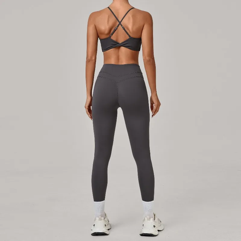 Nuovo set da yoga per donna, tracolla regolabile incrociata, reggiseno elastico a vita alta, pantaloni attillati, palestra, corsa, fitness, sport, yoga