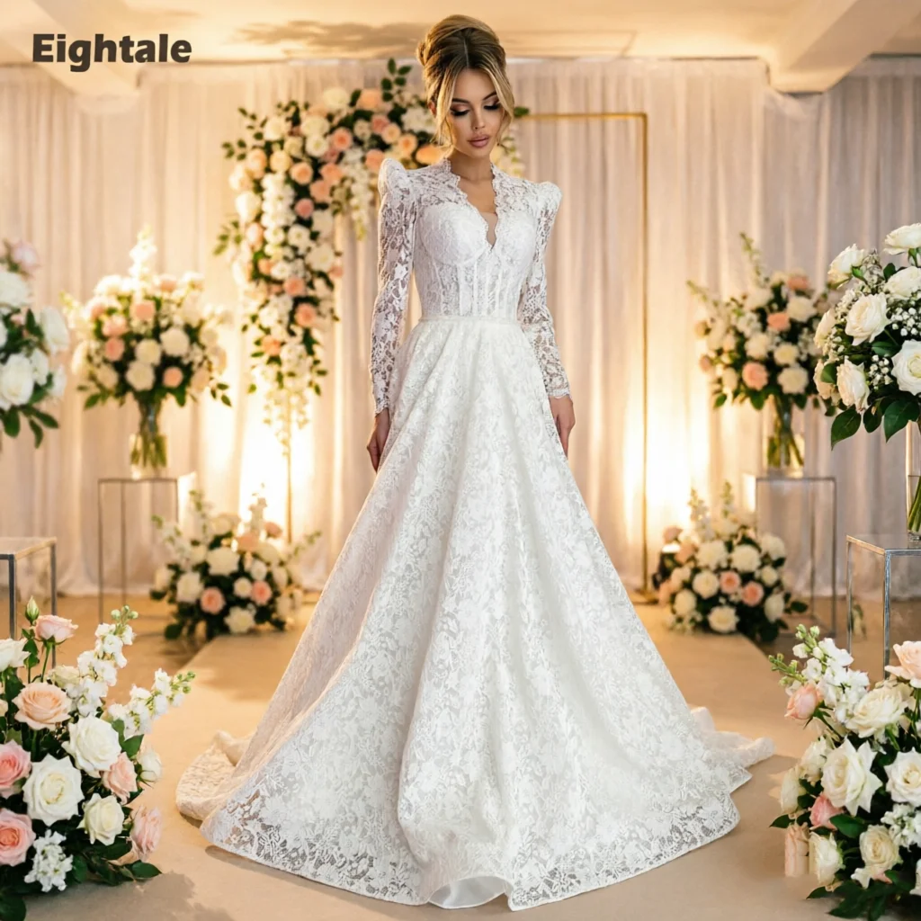 

Арабское свадебное платье Eightale, кружевное, на заказ, цвета слоновой кости, с длинными рукавами, свадебное платье А-силуэта с корсетом, праздничное платье для невесты, Vestido De Novia
