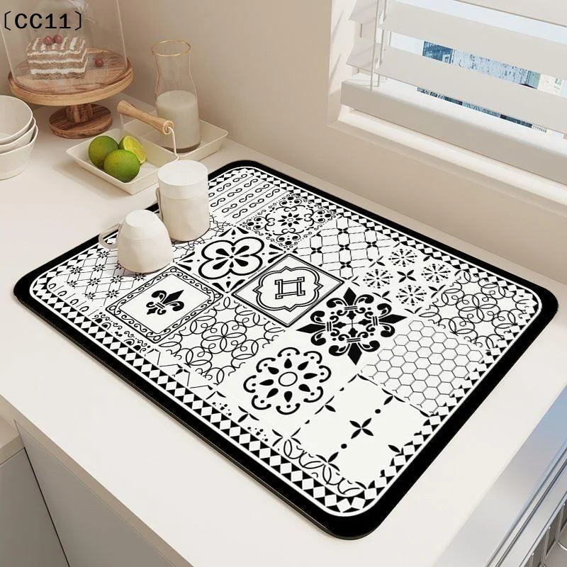 30x40cm Retro Floral Tile Diatomite Drainage Mat Quick Water Absorb Heat Resistant Non Slip Table Pad For Kitchen  Decor〔CC11〕