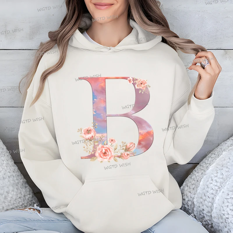 Creative Aesthetic Floral Alphabet Sweatshirt Women Pink 26 Letter A-Z Spring Autumn Hooded Long Sleeve Fashion Female Hoodies