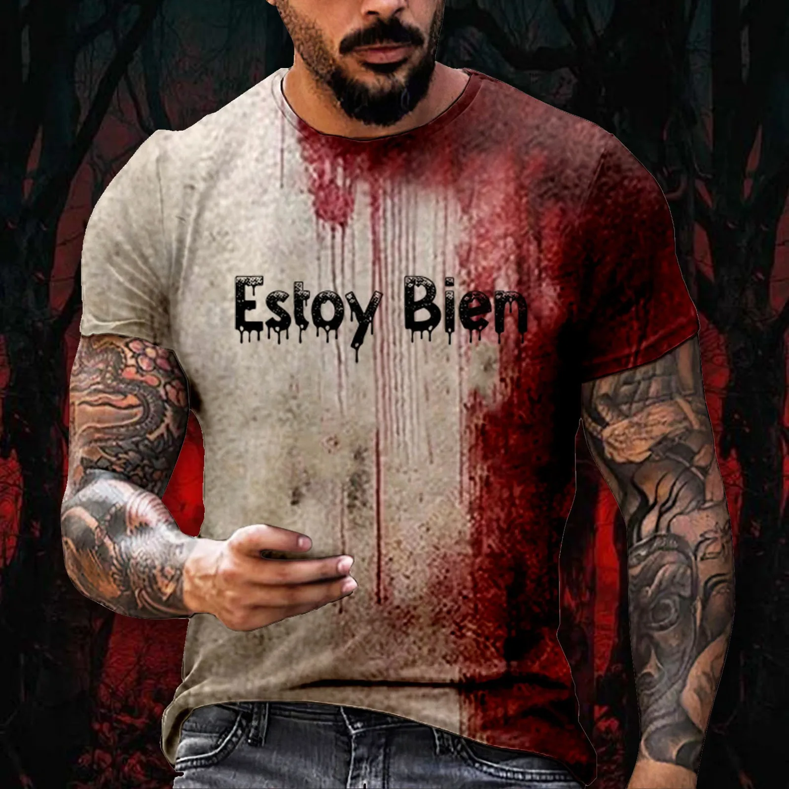 Probleem Gelost Bloederige Lettertypen T-Shirt Heren 2024 Halloween Print Tops Korte Mouw Ronde Hals Distressed T-Shirt Vakantie Feest Top