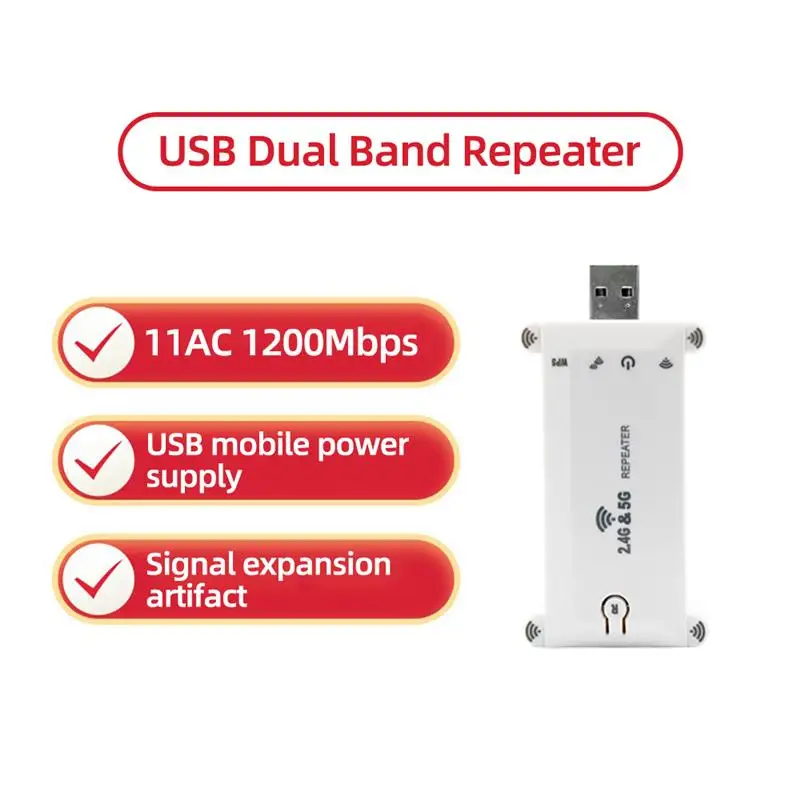 Amplificador de sinal sem fio de banda dupla 1200M Wifi Extender Booster 2.4g/5g Wifi Repetidor Fonte de alimentação USB