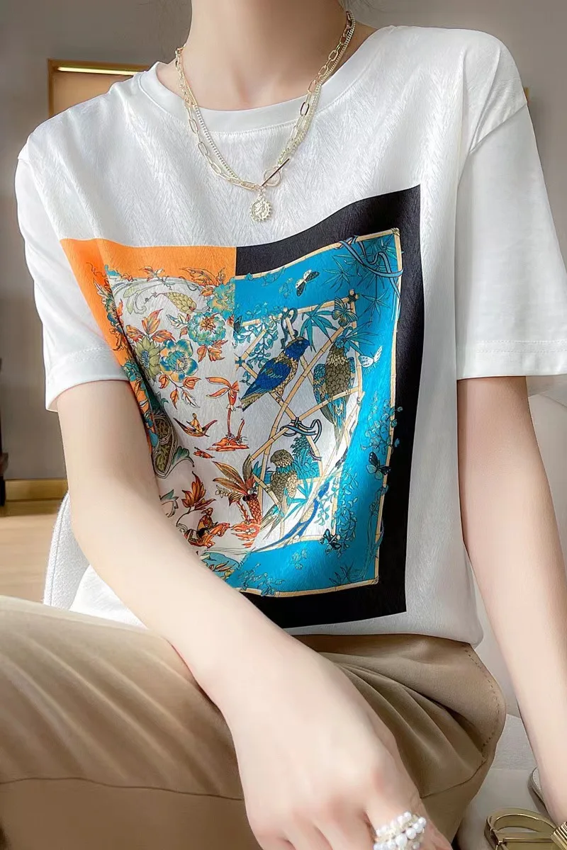 Summer Hot Sale Satin Cotoon White T-shirt Luxry Sense for Ladies\' O-Neck Silk Cotton T Shirt Women Multi-picture Options