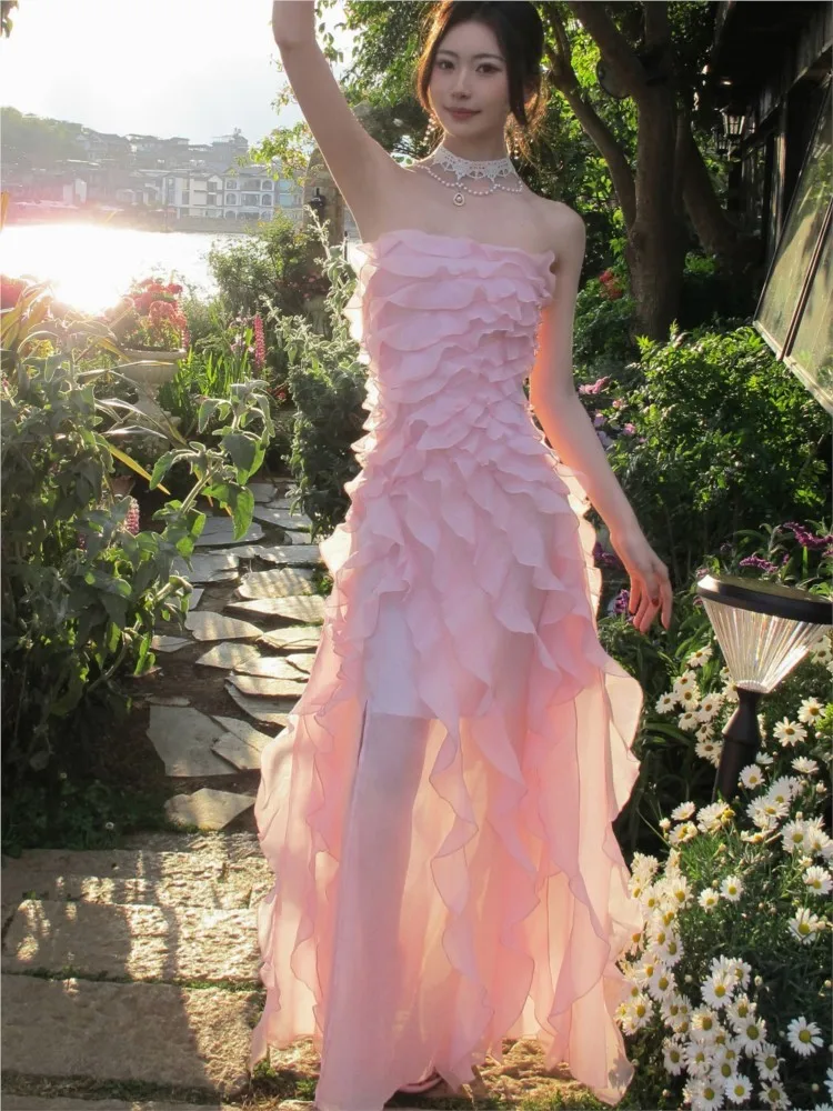

Rose pink ruffled strapless birthday dress