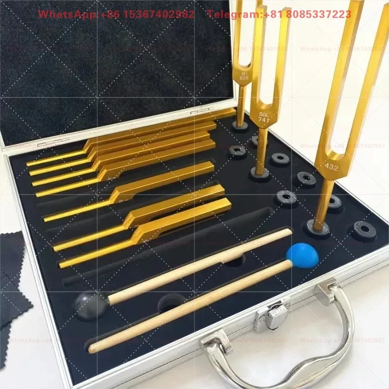 A set of 10 tuning forks with 174 285 396, 417 528 639 741 852 963 432 tuning forks