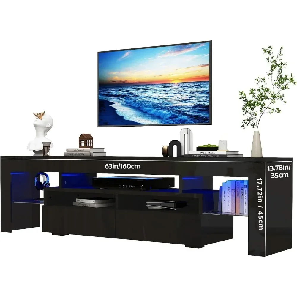 63in TV Stand 65/70 Inch TV,Modern LED TV Stand Living Room,Black Stand,High Gloss Entertainment Center Storage Drawer