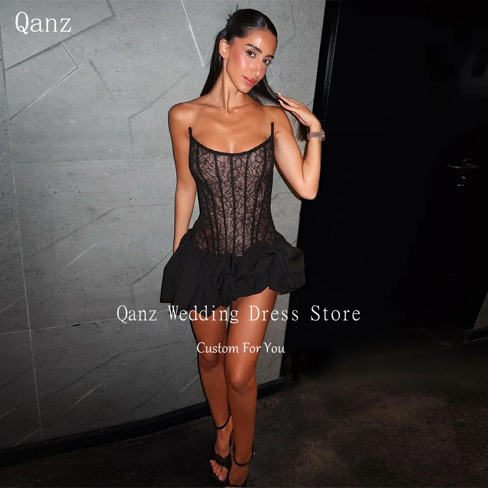 

Qanz Sexy Mini Black Cocktail Dresses Strapless Lace Bones Ruched Prom Dress Corset Elegant Customized Party Vestidos De Fiesta