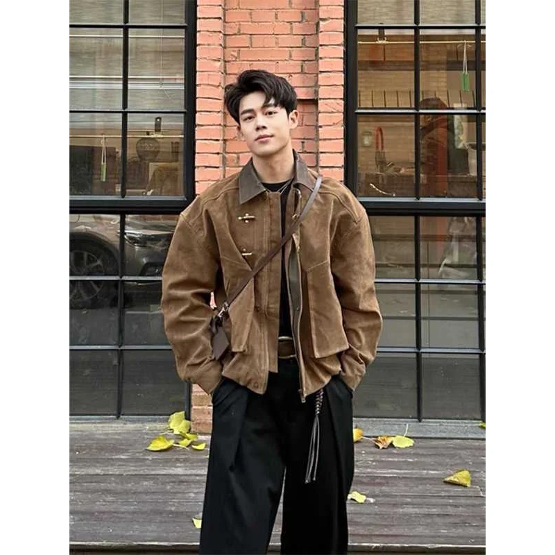 

Men's Brown Suede Flight Jaet ort Collar Patchwork Coat Windproof Five Sve Long Other Material PU Leather Autumn Winter