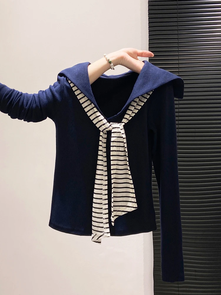Camiseta de Manga Larga Ajustada con Cuello Marinero para Mujer, Camisa Base de Otoño con Rayas y Parches, Estilo Coreano de Moda para Chicas Atractivas