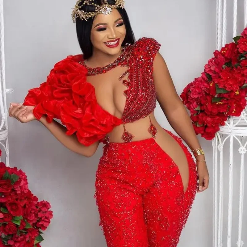 Aso Ebi Jumpsuit with Wrap Red Prom Dresses Crystals Pant Suit Ruffle Party Second Reception Gowns Customized Evening Dress