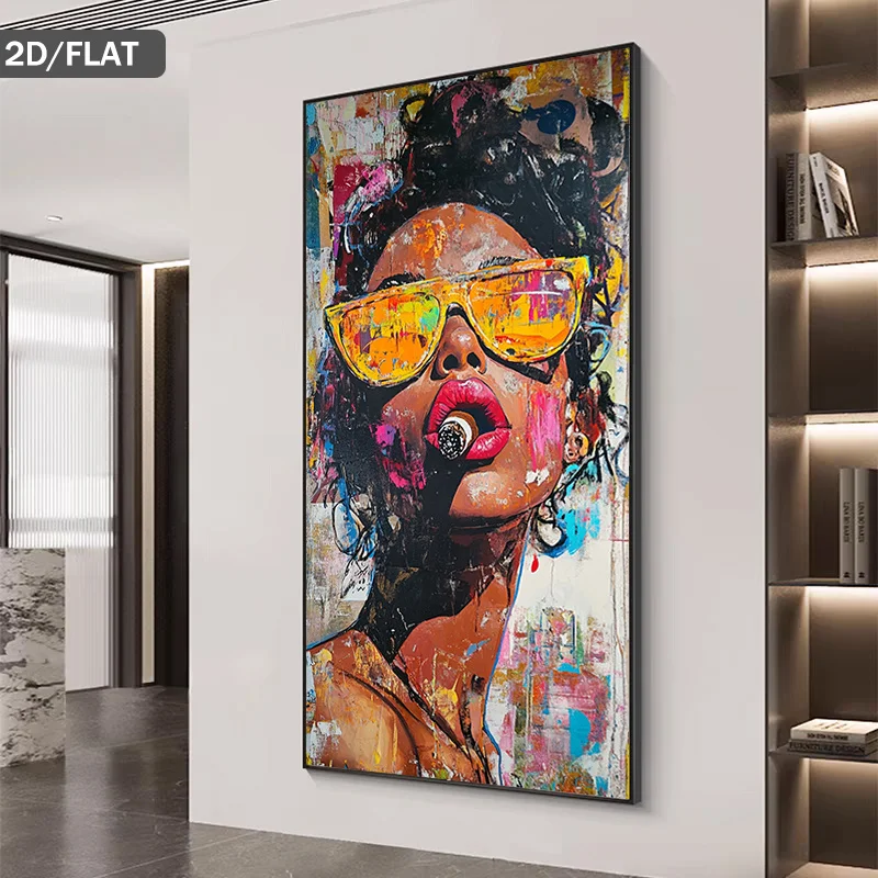 

2D/Flat Large Abstract Woman with Fashion Glasses Canvas Wall Art Frameless Modern Female Portrait Prints for Living Room Decor