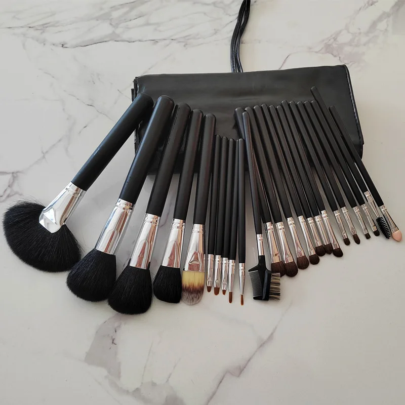 Professional Natural Goat Pony Animal Hair 24pcs Brushes Set Powder Blush Eye Shadow Brushing Kit With Black PU Leather Bag Bag