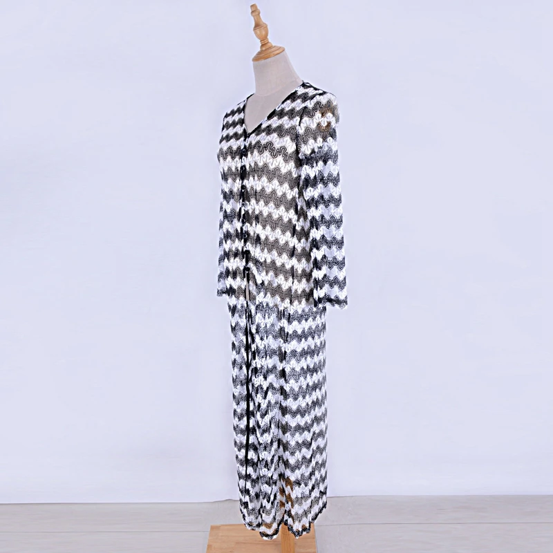 Zigzag Pattern Zebra Women Cardigan Black&White Knit Maxi Sweater Long Sleeve Lace Beach Cover Ups Floor Length Button Coat Cape