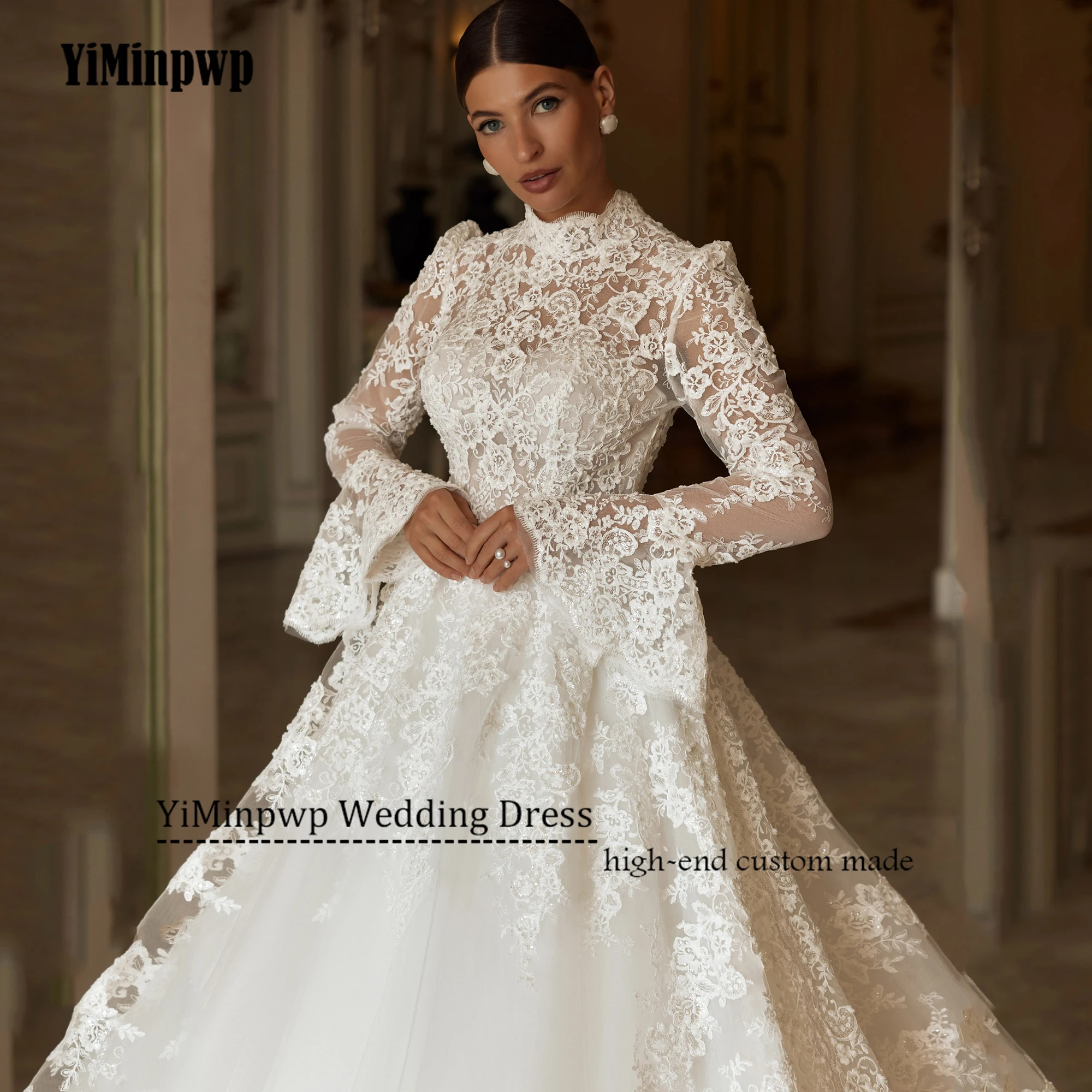 

Lace Vintage Wedding Dresses 2025 Bridal Long Sleeve A-Line Applique Bride Gowns Princess High Neck Bride Dress Customized