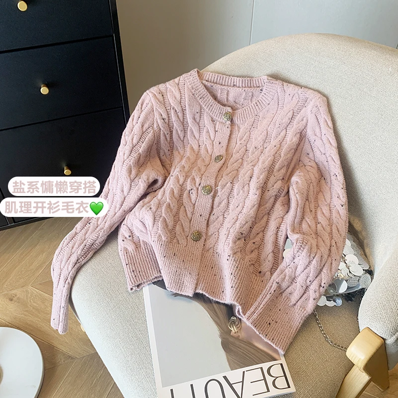 Spring high-end retro Fried Dough Twists cashmere knitting cardigan Korean version soft waxy sweater coat lazy blouse women