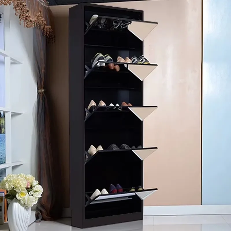 Shoe Cabinet Flip-down Mirrored Shoes Storage Rack Wood Cabinet with Mirror