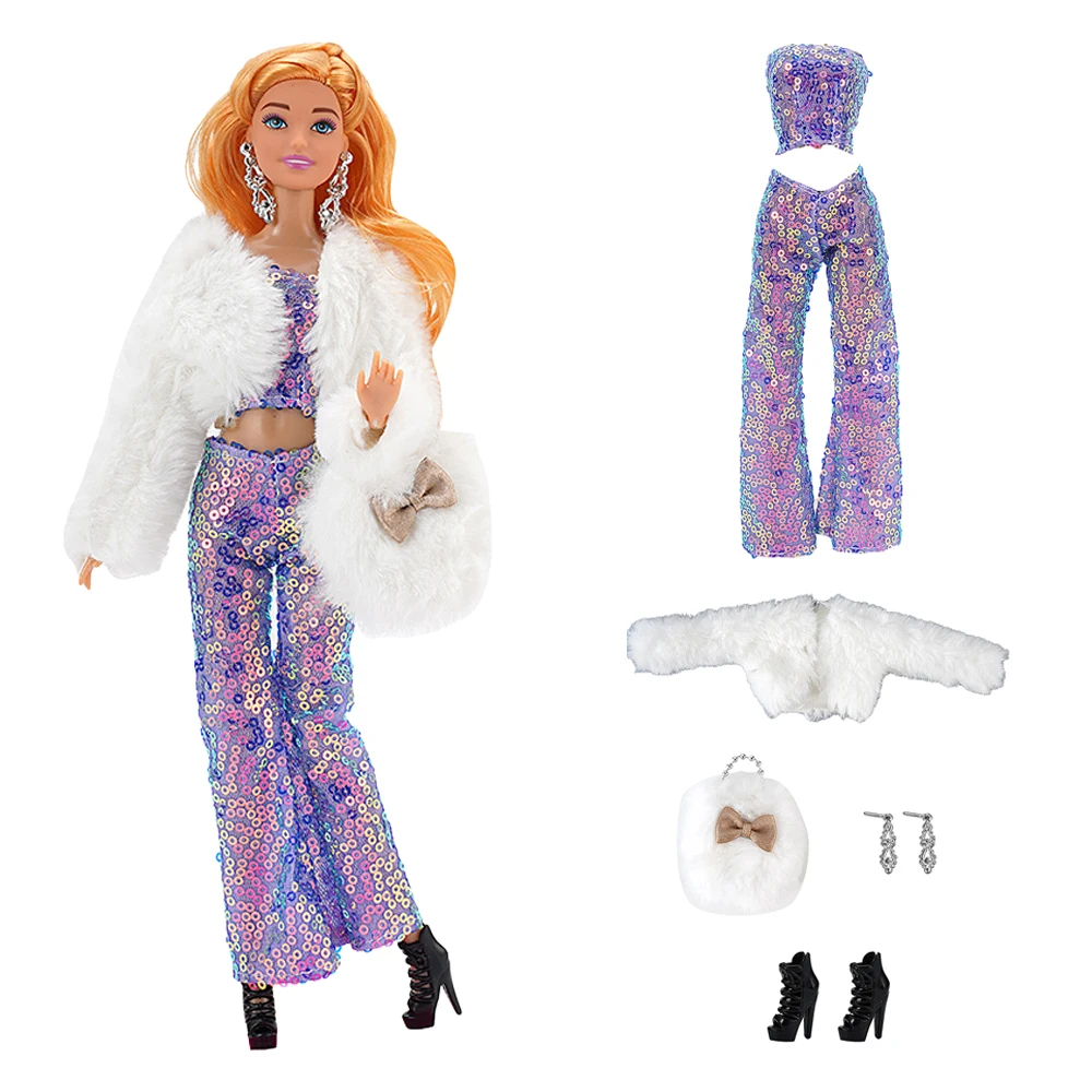 

NK 1 Set Fashion Doll Clothes For 11.5 inch Doll Accessories DIY Dress Princess White Fur Coat+Shiny Shirt For 1/6 Doll Toy
