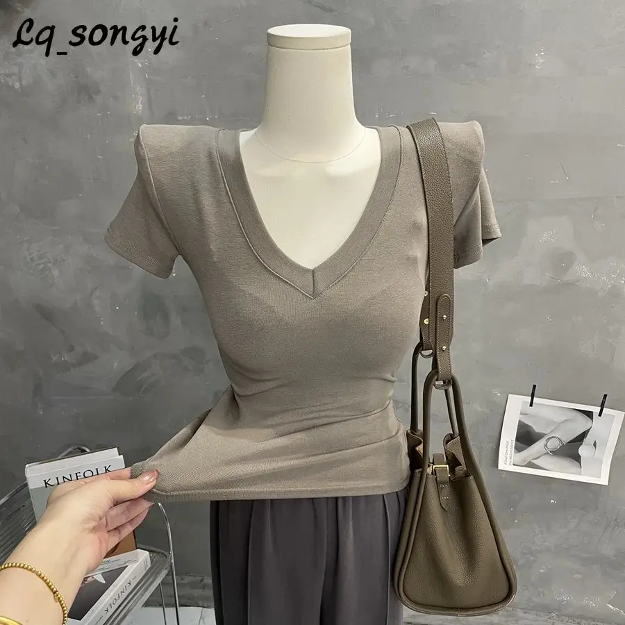 Lq_songyi Met Schoudervullingen! V-Hals T-Shirts Hoge Strecth Korte Mouw Koreaanse Pop Effen Tops Zomer Vrouwen Basis Slim T-Shirt