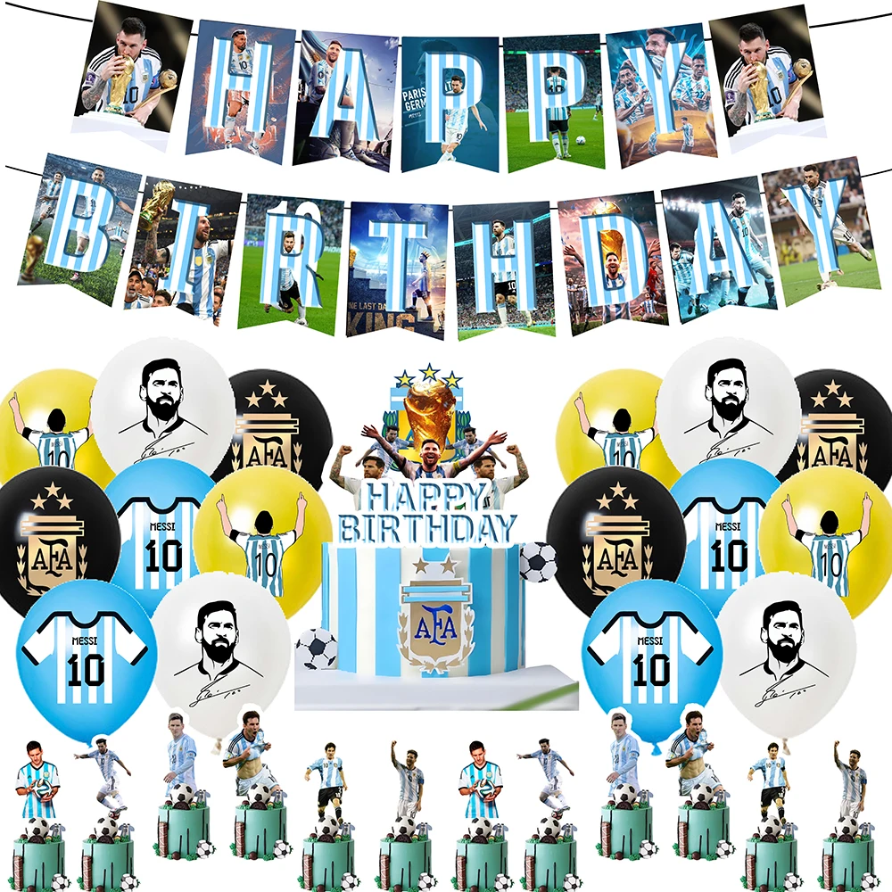 Argentina Superstar Leo Messi Football Theme Background Birthday Party Decor Miami Cake Topper Flags Blue Balloons Gift Prop