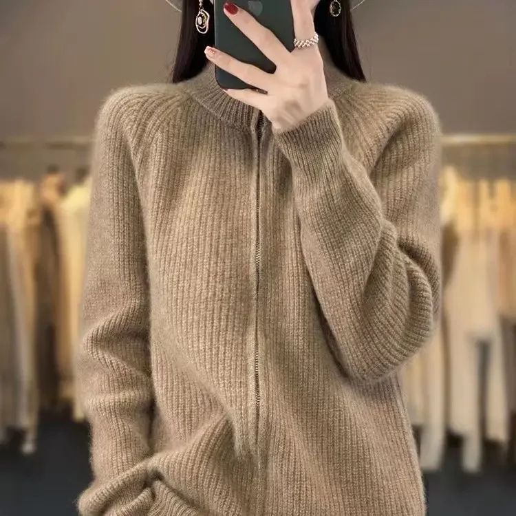 100% Pure Wool Zipper Cardigan Padded Shoulder Stand Collar Women's Cashmere Knitted Coat New Lapel Sweater