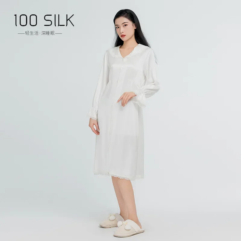 Slim 100% Mulberry Silk Nightdress Long Sleeve Lapel Women's New Lace Trim Silk Nightgown Lingerie Female Sexy Dress Pajamas