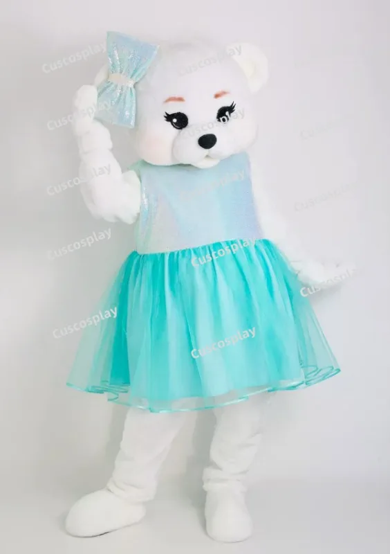 ChristmasCute Teddy White Bear Mascotte Blue Dress Fancy Cartoon Mascot Costume Plush Fancy Dress