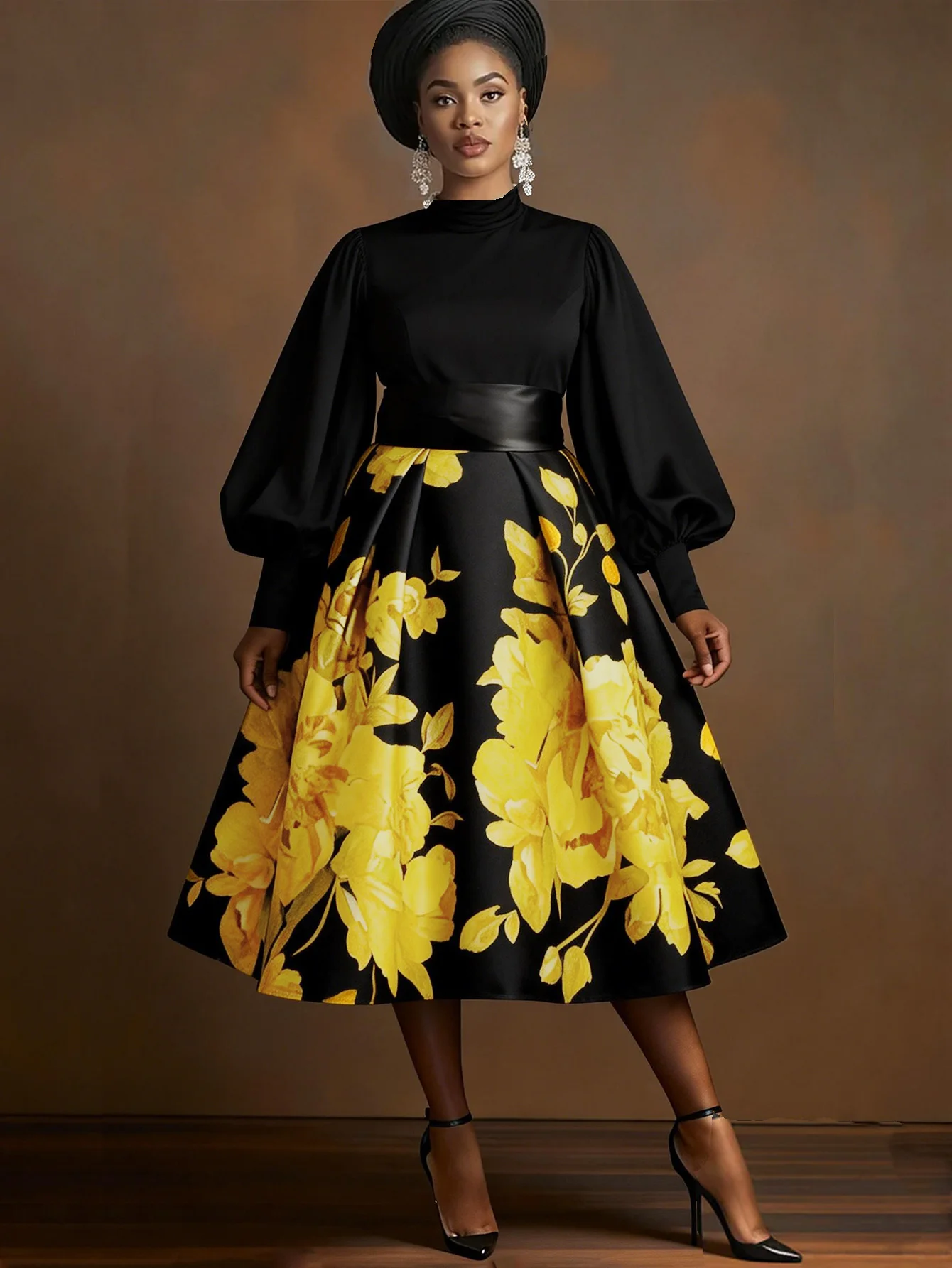 Elegantes Damen-Abendkleid mit Blumenmuster, Plissee, A-Linie, Satin, Laternenärmeln, Hoher Taille, Lässiges Colorblock-Frühlingsmode-Kleid