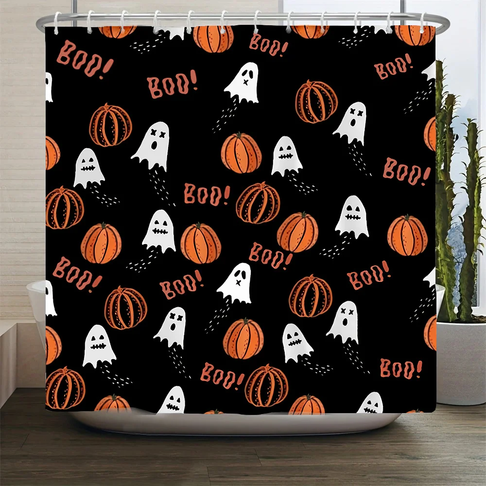 

1 шт. Занавеска для душа — моторошный дизайн Хэллоуина с призраками, тыквой и «Бу!» Текст для праздничной ванной комнаты водонепроницаемый