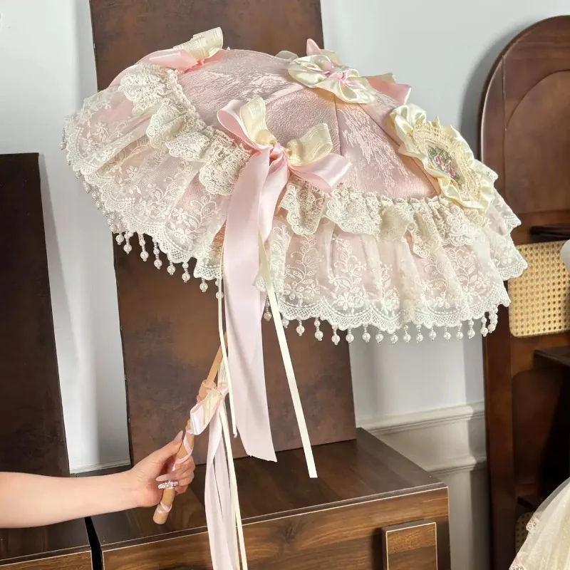Retro Lolita Wooden Handle Parasol Pearl Tassel Wedding Umbrella for Photoshoot Royal Court Style Sun Umbrellas Romantic Parasol