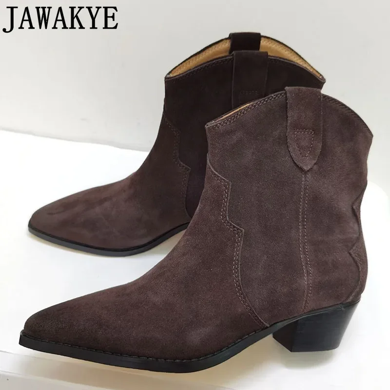 Genuine Leather Suede Leather Pointed Toe Ankle Boots Women Chelsea Boots Khaki Black Wine Red Short Western Botas Old Effect