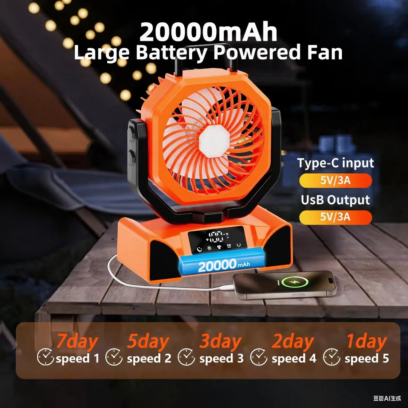 20000mAh بطارية عالية السعة مصباح ليد مروحة التخييم المحمولة اللاسلكية مروحة تبريد الهواء الدوائرية في الهواء الطلق Ventilador مع هوك