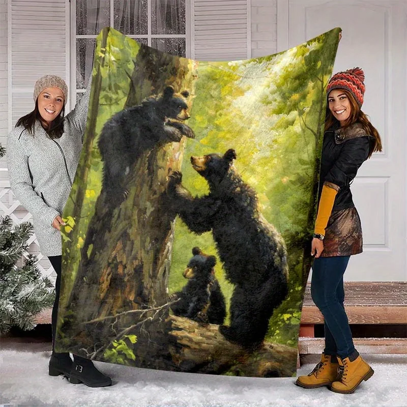 Bear Family Forest Wildlife Art Throw Blanket Polyester Fleece Cozy Picnic Sofa Couch Decor Gift Print Rug