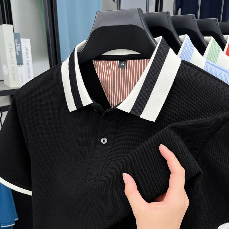 

Summer New Men's Polo Shirt Contrast Color Lapel T-Shirt Luxury High-End Breathable Short Sleeve Business Casual Office Menswear