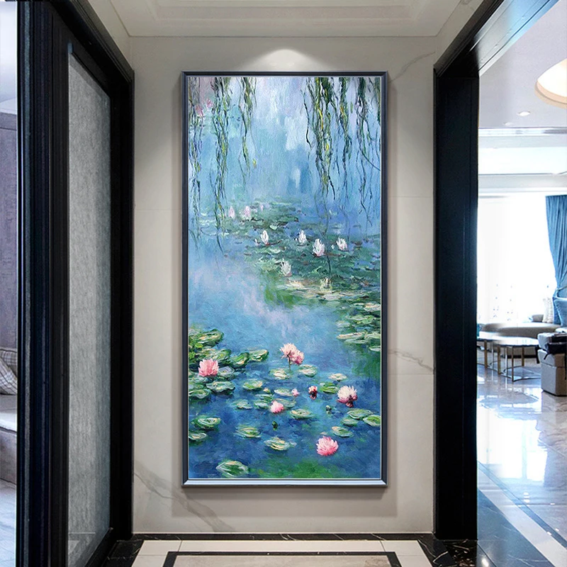 Abstract Oil Painting Hand Painted Water Lilies Oil Paintings On Canvas Wall Art Texture Lotus Pond Pink Flower Large Home Decor