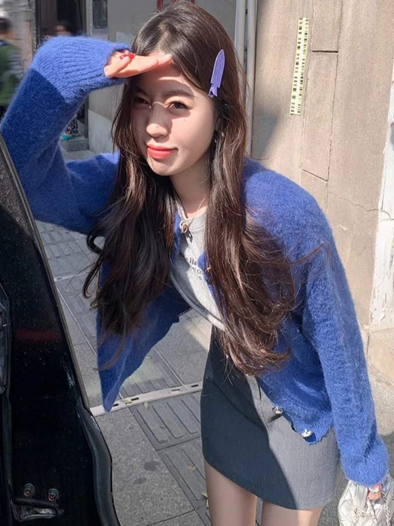 

Klein Blue Женский круглый свитер Ne Белый Улучшающий осенне-зимний Sle ort Корейская серия Открытый кардиган Верхняя одежда