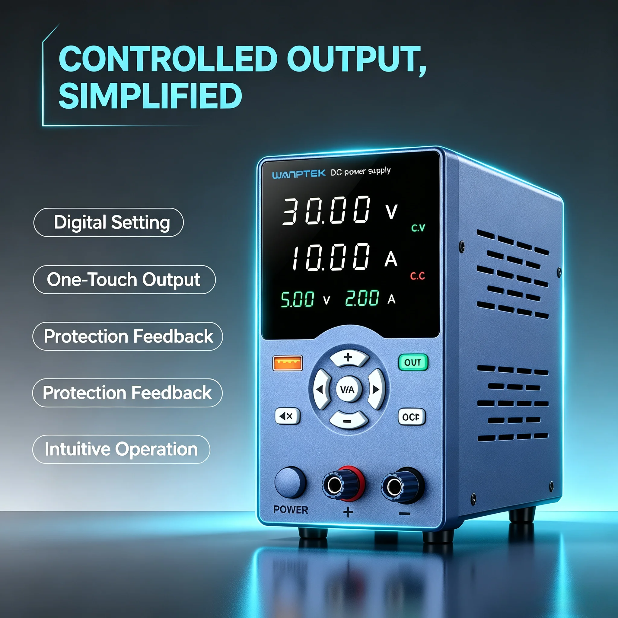 WANPTEK GC Bench DC Power Supply, 4‑Window Screen, USB Fast Charging, CV‑CC Auto Switch, for Phone PC Repair Lab Production Test