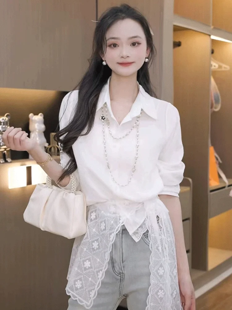 Heben Sle Versatile Lace oulder Wrap irt Women's Spring Design High End Trendy Blouse Korean Loose Fit Long Sve