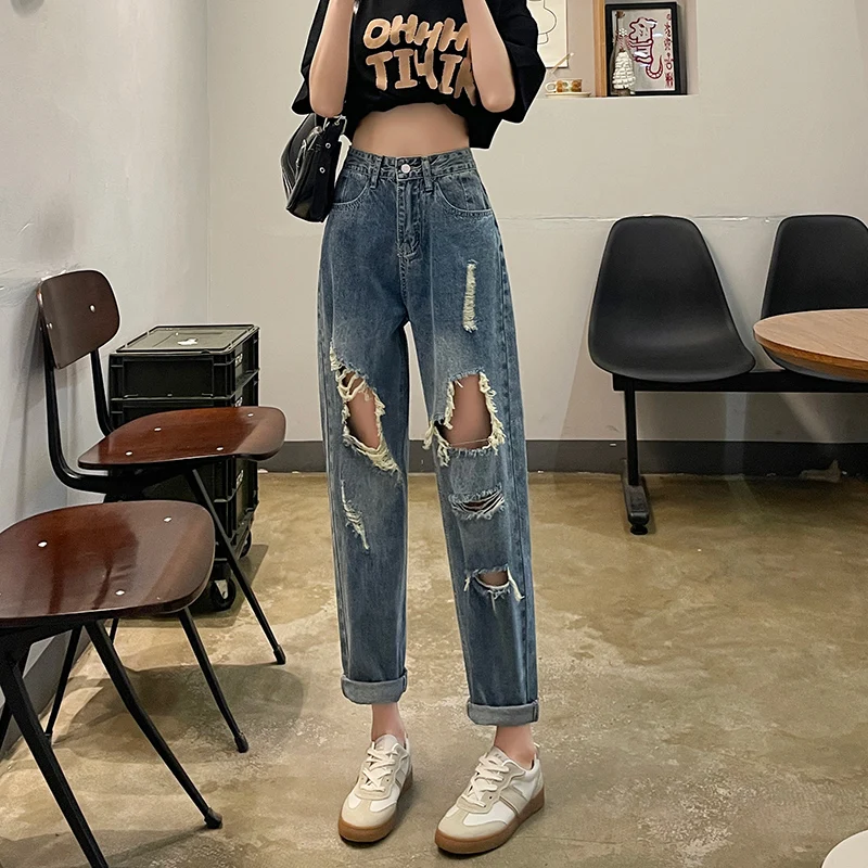 

2024 Summer Fashion Trend Simplicity Women's Worn Pocket Slimming Versatile and Casual Temperament High Waist Loose Dad Jeans