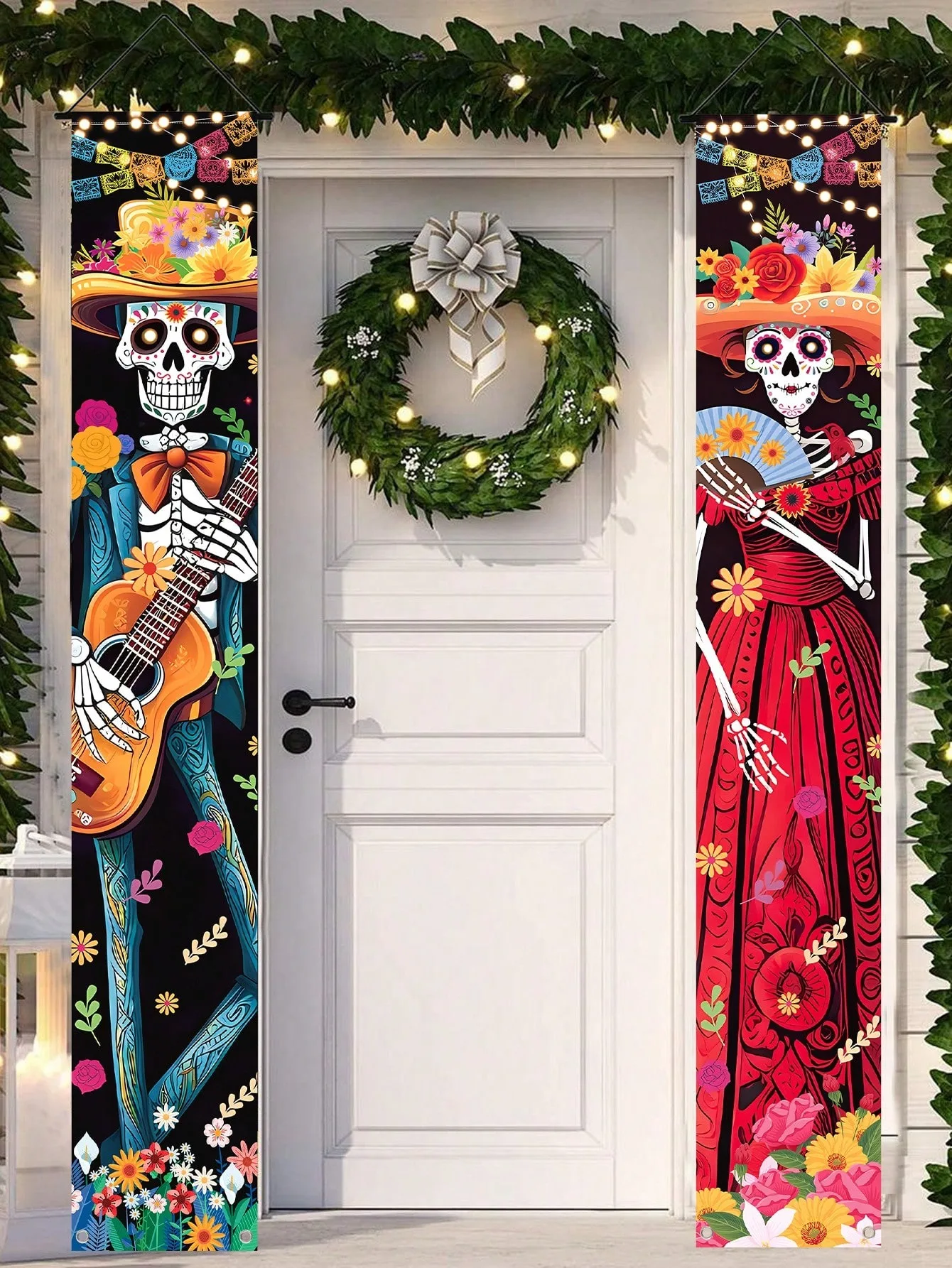 Mexikanisches Fiesta-Todestags-Türbanner-Set mit Zuckerschädel-Paar aus Polyester, Halloween-Veranda-Schild für Innen- und Außenpartys – Detail 4