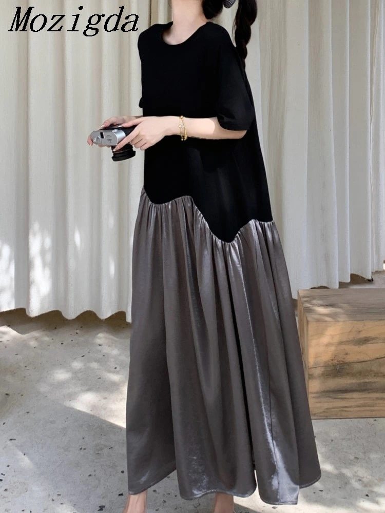 Verano plisado negro Vintage camiseta vestido mujer moda coreana manga corta suelta Casual Vestidos largos de mujer ropa Vestidos