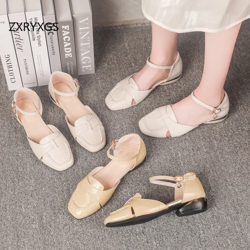 ZXRYXGS Plus Size New Summer Real Leather Square Toe Side Open Women Sandal Shoes Fashion Elegant Banquet Sandals Low Heel 2026
