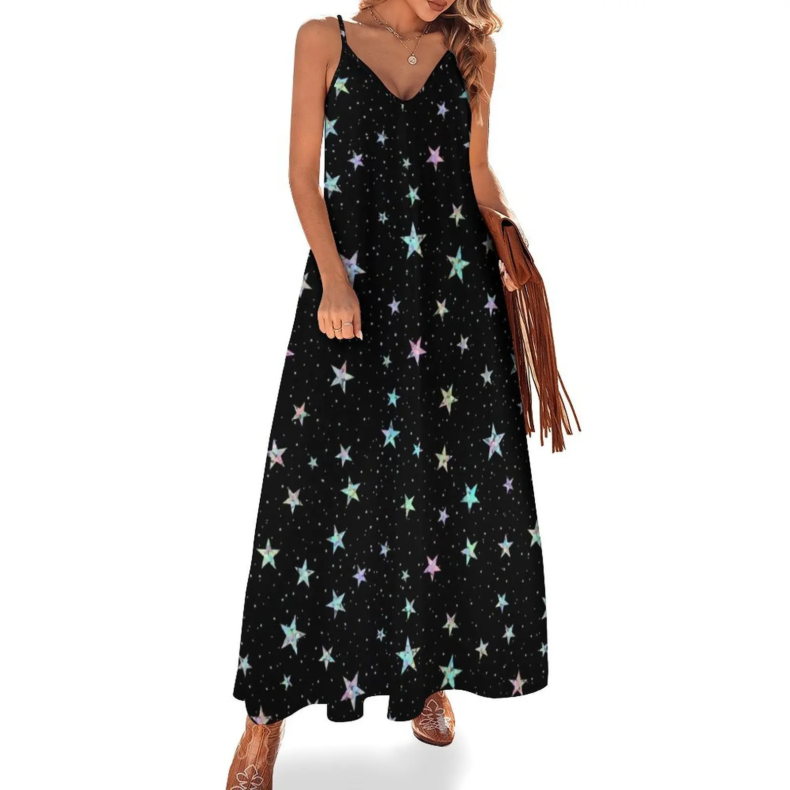 

Rainbow Holographic Iridescent Star Confetti Glitter Pattern (Black) Sleeveless Long Dress women clothes Dress