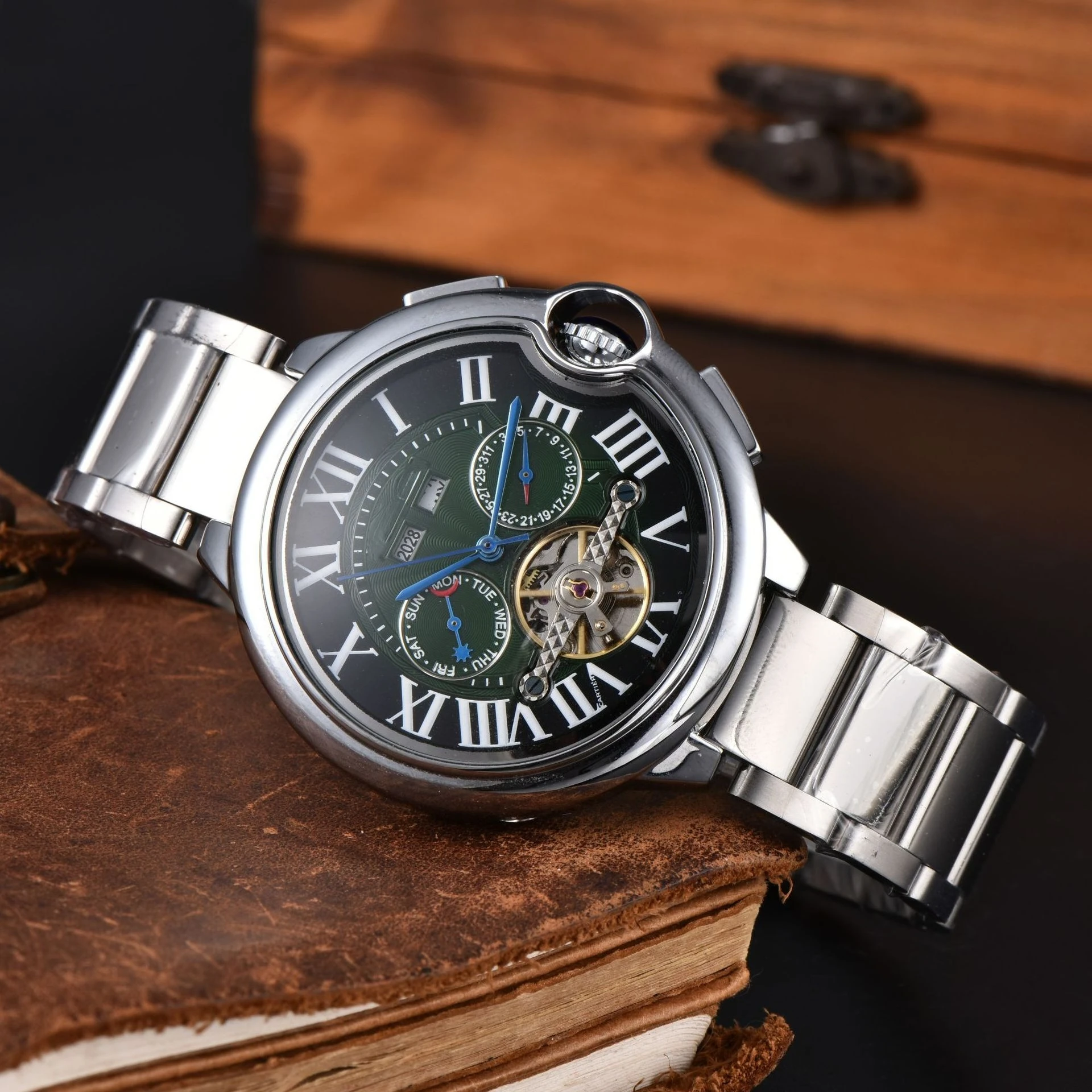 Famous Designer Brand Mens Watch Automatic Mechanical Movement with Skeleton Flywheel Luxury High Quality Steel Strap Wristwatch