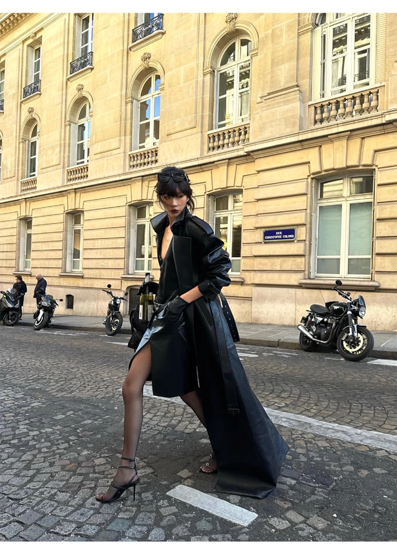 Lautaro Spring Autumn Extra Long Black Pu Leather Trench Coat for Women with Back High Slit Luxury Chic European Fashion 2024