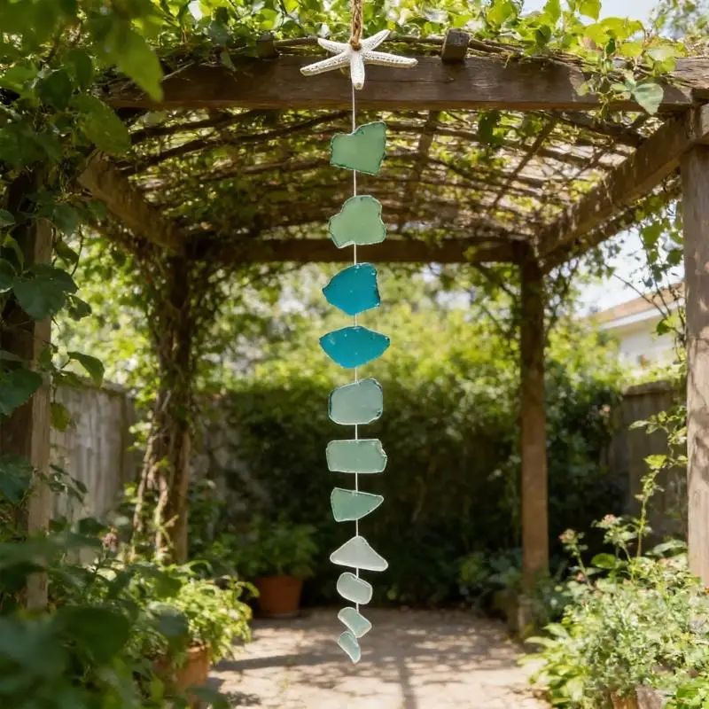 L9BE Handcrafted Multicolored Sea Glass and Resins Starfishes Wind Chimes Sandblasted Glass Hanging Ornament Outdoor Decors