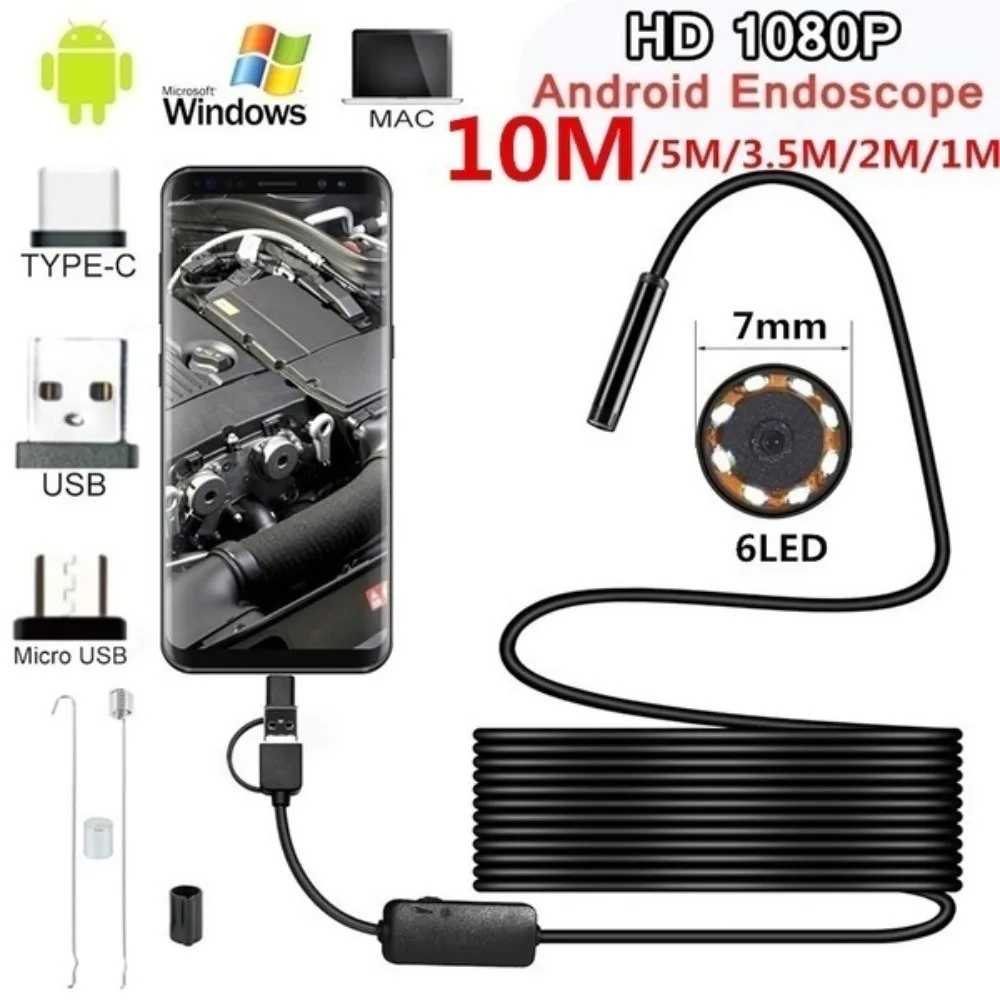 10/5M/3.5M/2M/1M Endoscope 7mm 6 LED Endoscope Waterproof Borescope Inspection Camera For Andorid Phone
