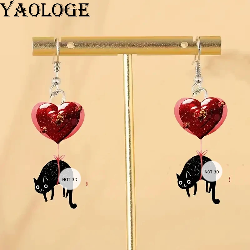 YAOLOGE2025 ใหม่มาถึงหัวใจสีแดงบอลลูนแมวต่างหูวัสดุอะคริลิคผู้หญิงส่วนบุคคล Eardrop ของขวัญวันวาเลนไทน์