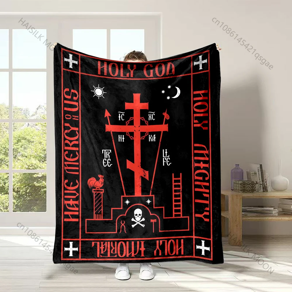 1PC Orthodox Cross Art Faith-printed Flannel Blanket Soft and Warm Suitable for Home Travel Picnics Camping and RV Use